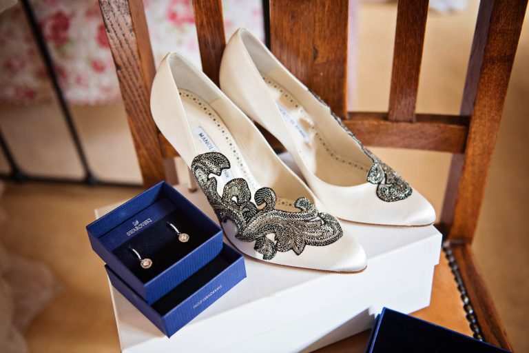 Wedding shoes and jewellery by Cardiff wedding photographer, Blooming Photography