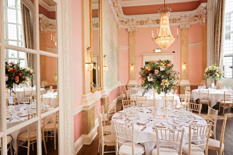 Danesfield House Hotel and Spa ballroom dated from the Georgian period set up for a wedding breakfast. Photograph by Ben Roberts, Blooming Photography.