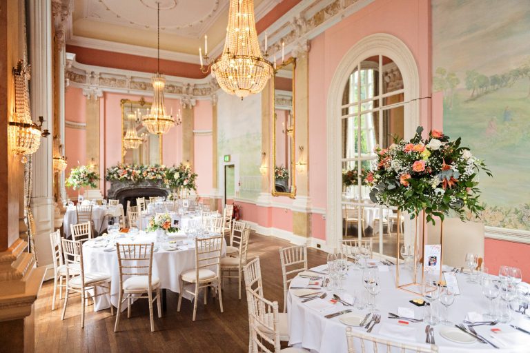 Wedding breakfast set up in Danesfield House Hotel and Spa ballroom - dated from the Georgian period. Elegant. Photograph by Ben Roberts, Blooming Photography.