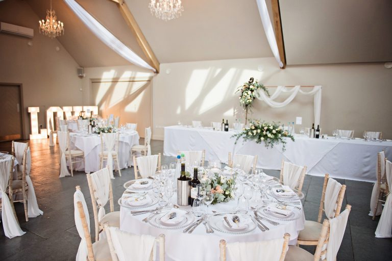 Wedding breakfast set up taken at Blackwell Grange, Warwickshire. Photo by Blooming Photography.